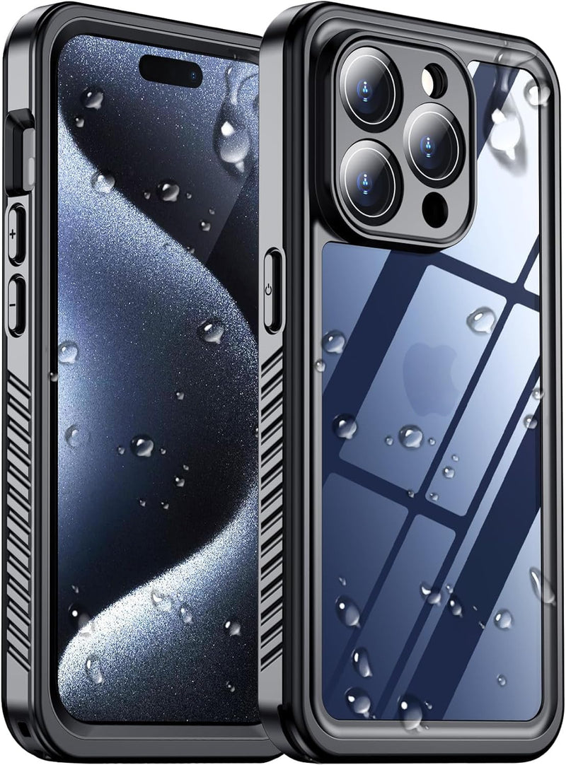 2026 New Designed for iPhone 15 Pro Max Case Waterproof, [Built-in Screen Protector & Glass Camera Protector][Full Body Shockproof][IP68 Underwater][Dropproof] Phone Case for iPhone 15 Pro Max 6.7" Black/Clear