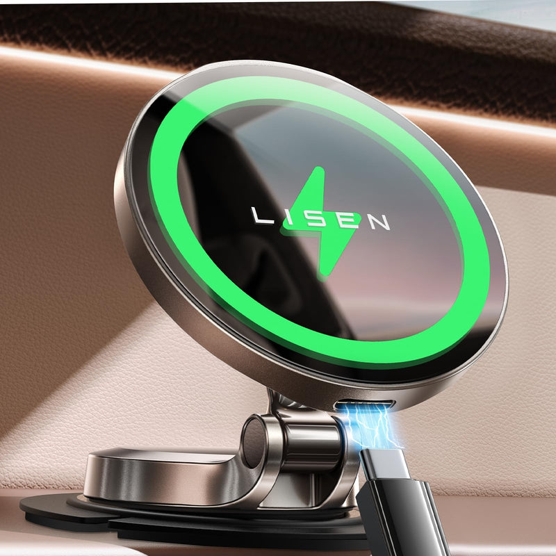LISEN Magsafe Car Mount Charger, 15W Fast Charging Magnetic Wireless Car Charger [Mini & Fast Charging], Magnetic Car Phone Holder Dashboard Gifts for iPhone 17 Pro Max Air 16 15 14,Samsung Grey