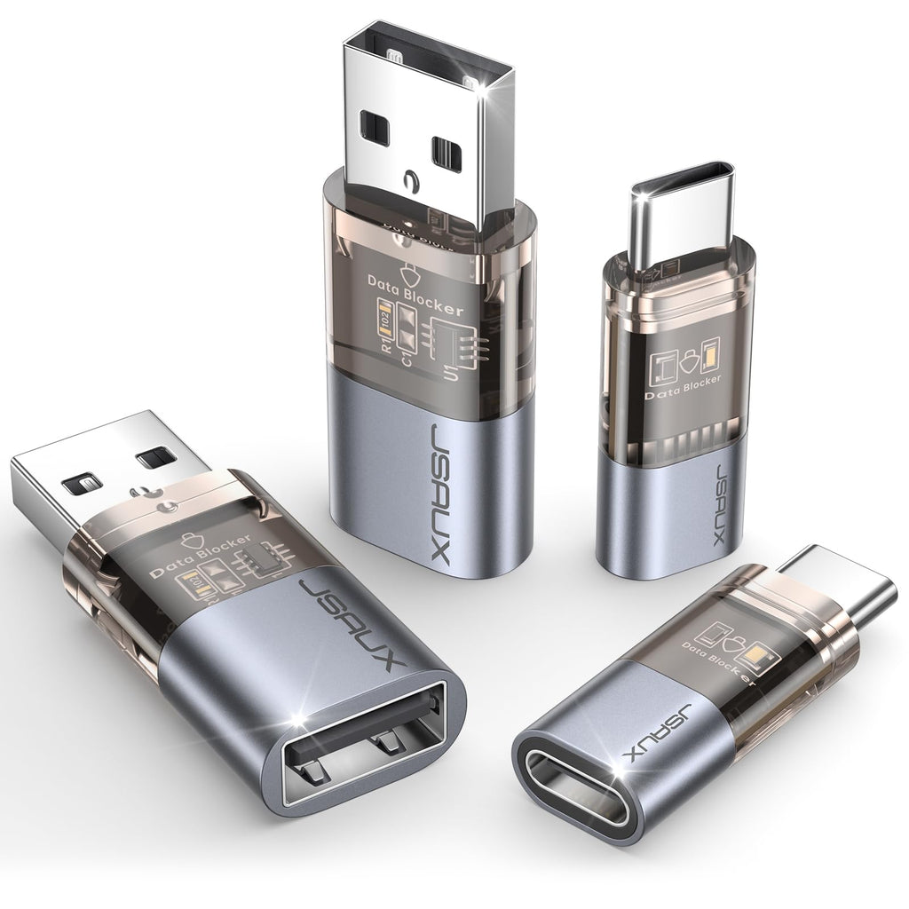 JSAUX USB Data Blocker & USB C Data Blocker (4-Pack), Transparent USB-A to USB-A & USB-C to USB-C Data Blocker Only for Charge, Protect Against Juice Jacking, Refuse Hacking Provide Safe Charging 4 Pack