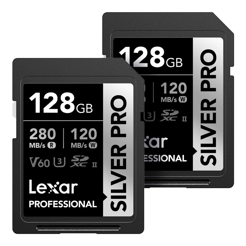 Lexar 128GB (2-PK) Professional SILVER PRO SDXC Memory Card, UHS-II, C10, U3, V60, Full-HD & 4K Video, Up To 280MB/s Read, for Professional Photographer, Videographer, Enthusiast (LSDSIPR128G-B2NNU) 2-Pack