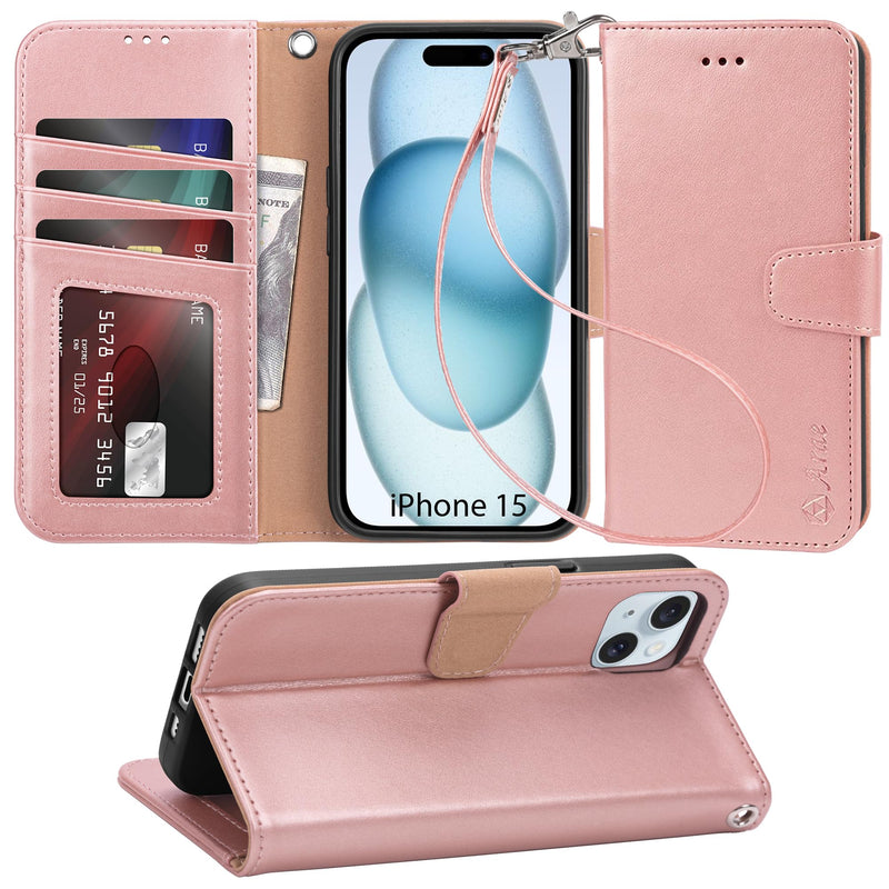 Arae Compatible with iPhone 15 Case with Card Holder and Wrist Strap Wallet Flip Cover for iPhone 15 6.1 inch,Rose Gold Rose Gold