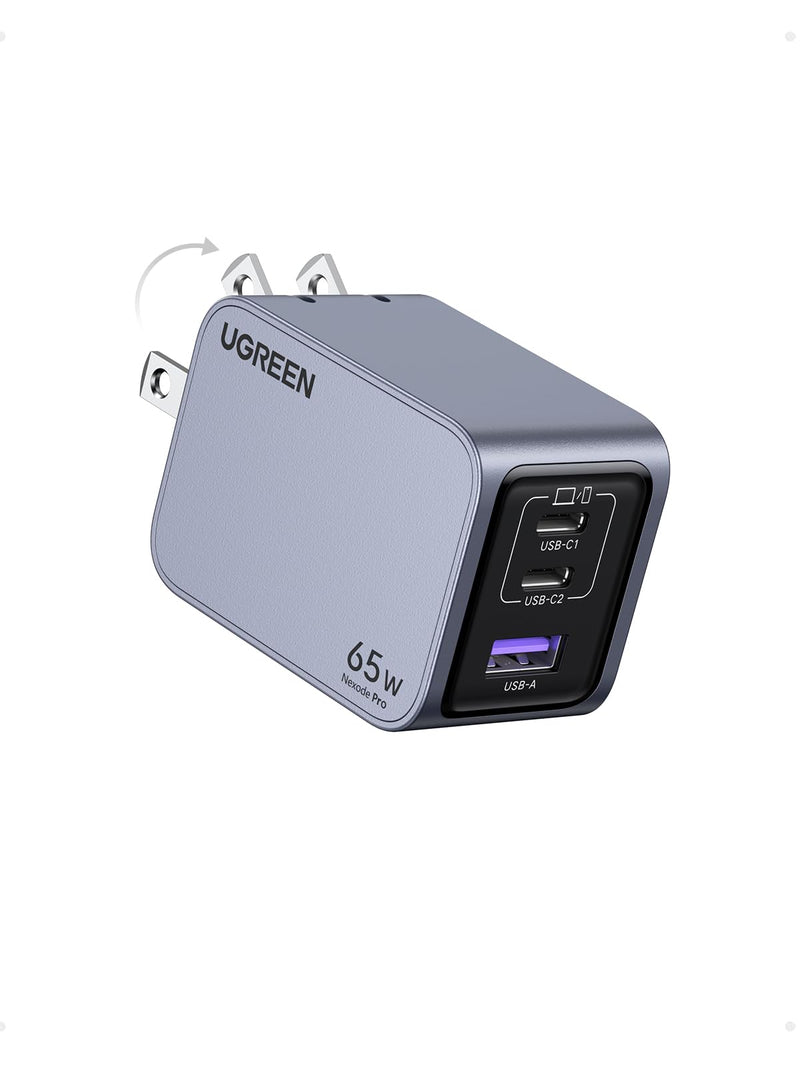 UGREEN Nexode Pro 65W USB C Charger, 3-Port Mini Compact Foldable PPS GaN Fast Wall Charger Block for MacBook Pro/Air M2, Pixelbook, Dell XPS, iPhone 15 Pro/14, Galaxy S24 Ultra, Pixel 8, Steam Deck