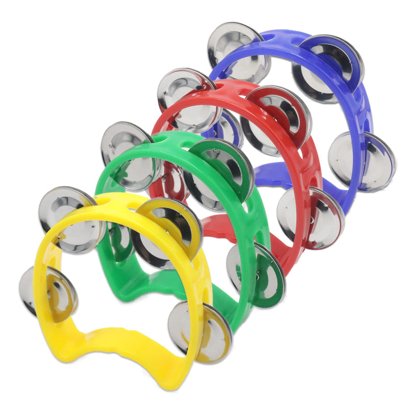 [AUSTRALIA] - 4-Pack Plastic Percussion Handheld Tambourines with 4 Jingle Bells, Mini Hand Bell Percussion, Musical Rhythm Instruments in 4 Colors for Kids, Adults, School and Party 4 Color 