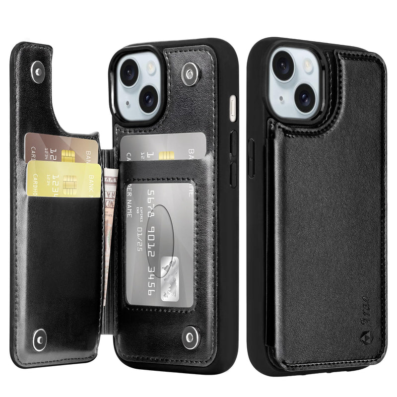 Arae Compatible for iPhone 15 Case with Card Holder - Wallet Case with PU Leather Card Pockets Back Flip Cover for iPhone 15 6.1 inch - Black iPhone 15 6.1''
