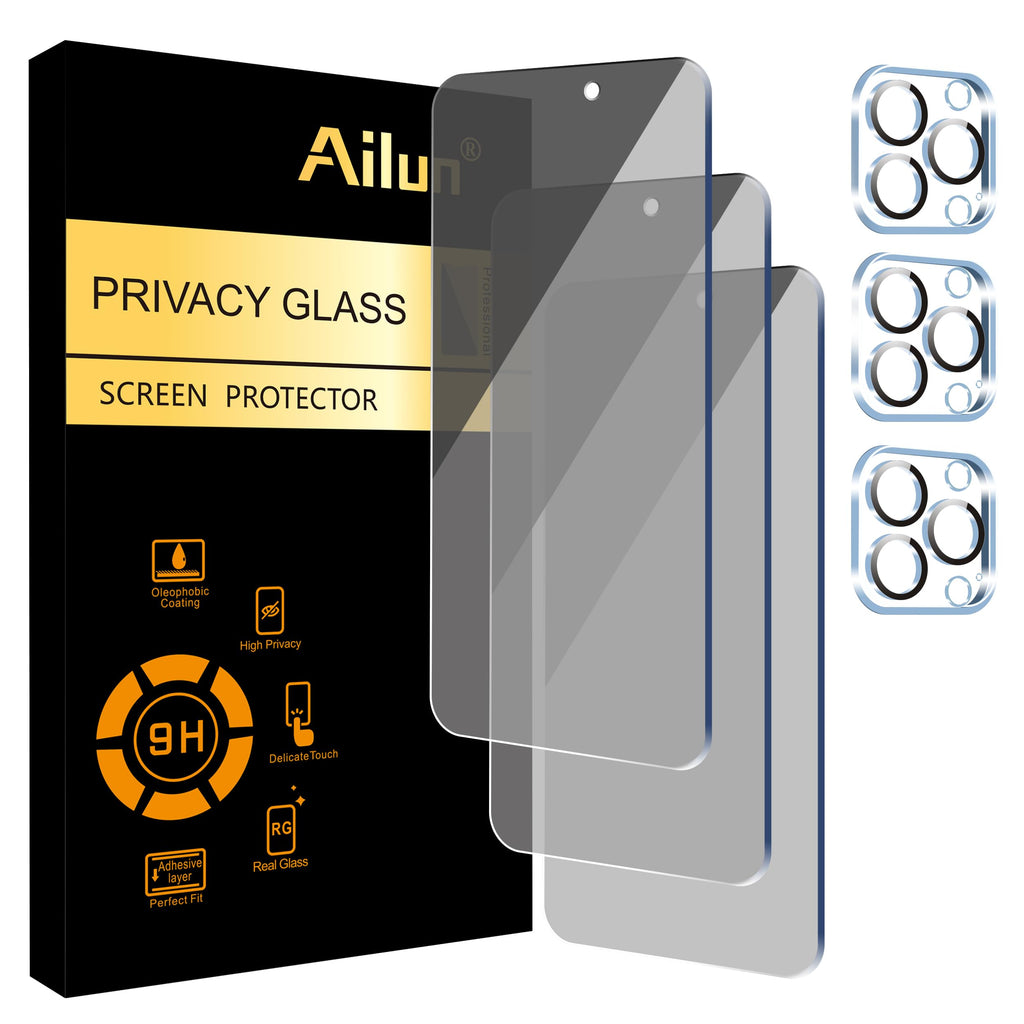 Ailun 3Pack Privacy Screen Protector for iPhone 15 Pro Max [6.7 inch]+3Pack Camera Lens Protector,Sensor Protection,Dynamic Island Compatible,Anti Spy Tempered Glass[9H Hardness]-HD[Black][6 Pack] iPhone 15 Pro Max-6.7 Inch