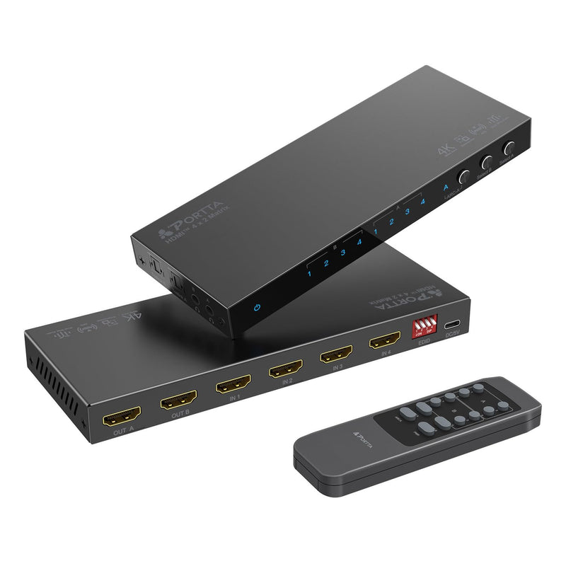 4K 60Hz HDMI Matrix 4x2, PORTTA 4 in 2 Out Switch Splitter with Toslink 3.5mm Audio Extractor, ARC, 16 EDID Modes, 4K Downscale, and IR Remote Support HDMI 2.0b HDCP 2.3/2.2 HDR 3D HDMI Matrix 4x2 with Audio Extractor