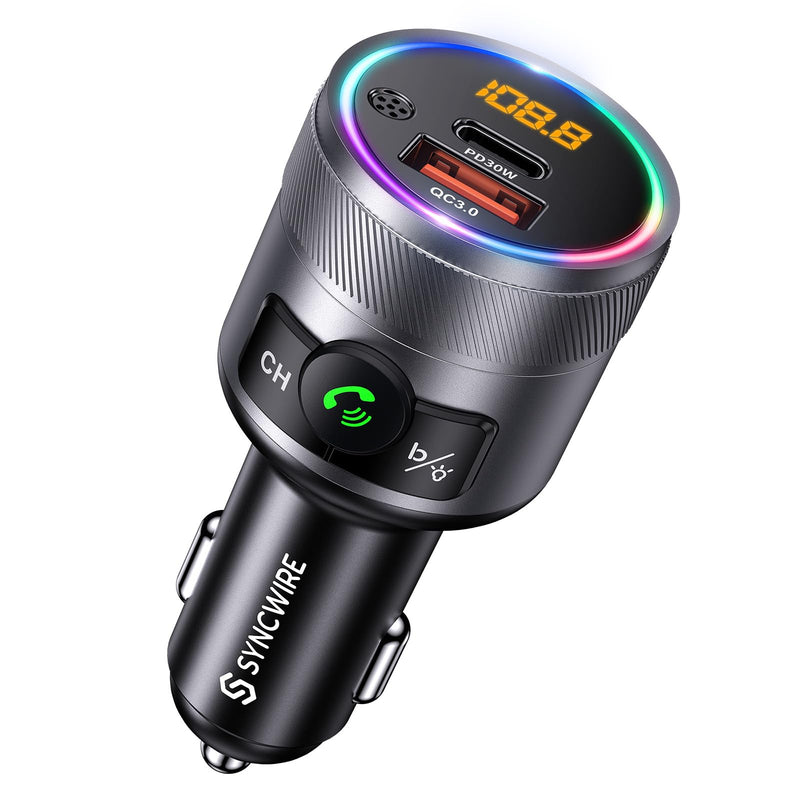 Syncwire Bluetooth 5.4 FM Transmitter for Car, 38W PD&QC3.0 Dual USB Charging Bluetooth Car Adapter Microphone & Bass Sound MP3 Music Player FM Kit with Hands-Free Calling Silver