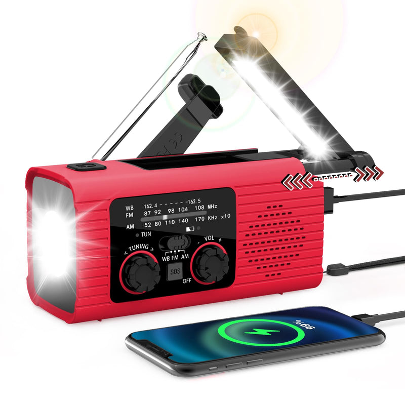 Emergency Radio, Hand Crank Radio Solar for Hurricane Supplies, AM/FM NOAA Portable Weather Radio 2000mAh with LED Flashlight, Power Bank, SOS Alarm 180°Rotatable Reading Lamp for Emergency Red