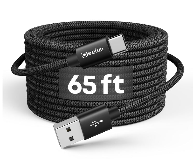 CLEEFUN Extra Long USB A USB C Cable 65ft, USB to USB C Power Cable 65 Foot | for iPhone 17 16 15, Samsung Galaxy S26 S25 S24 and More USB-C Phone, Tablet, PS5, Switch, Braided Cord (No Data) Black