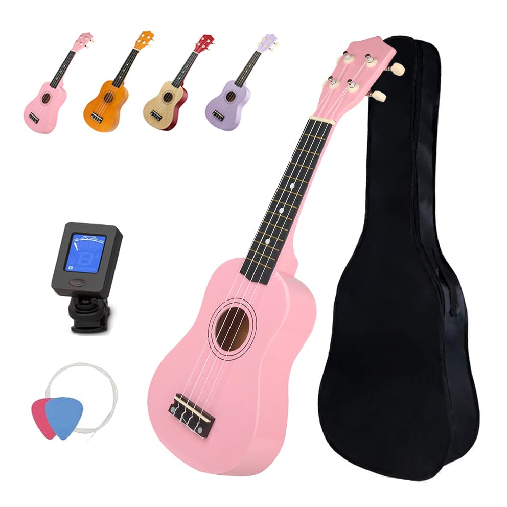 Soprano Ukulele for Beginners - 21 Inch Small Guitar Ukulele for Kid Adult Student with Gig Bag, Digital Tuner, 1 Standby String and 2 Picks (21inch, Pink) 21inch