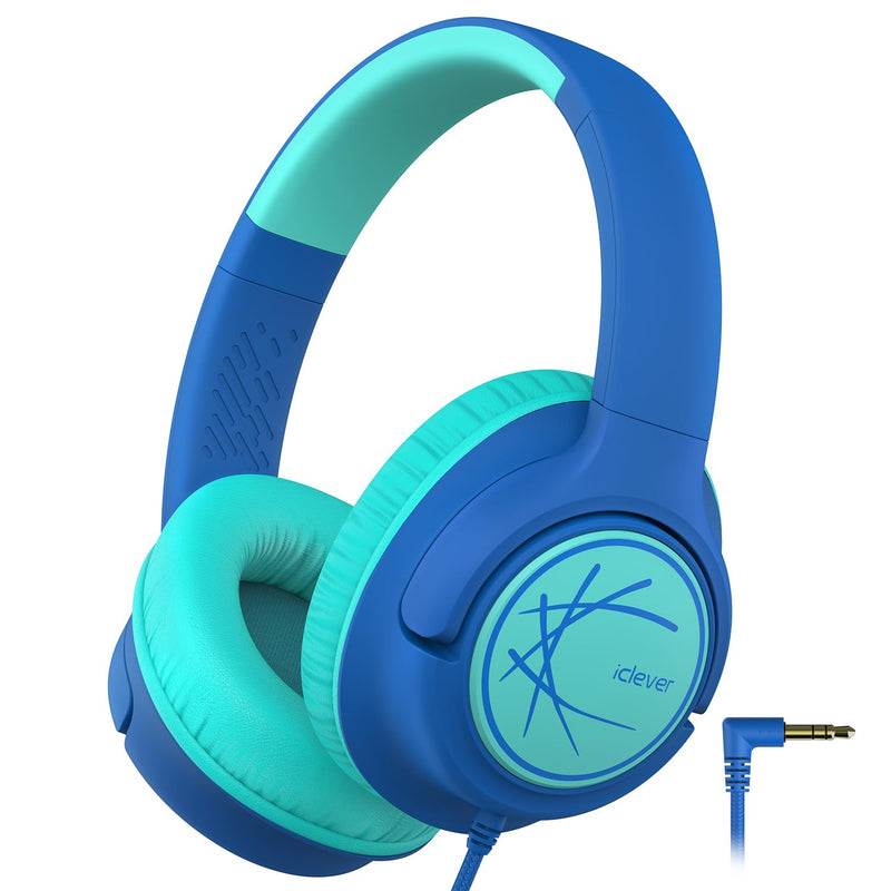 iClever Kids Headphones with Cord, 85dBA Safe Volume Wired Headphones for Kids, Stereo Sound Foldable Adjustable, 3.5mm Jack, Over Ear Kids Headphones for School/Boys/Girls/iPad/Tablet/Travel, Blue