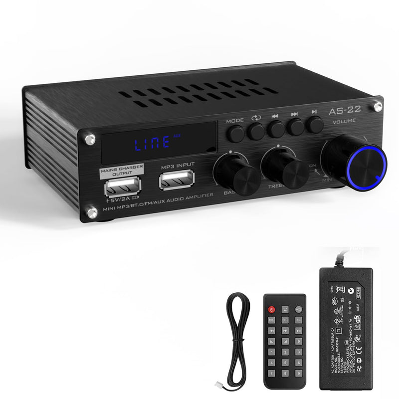 Sunbuck Mini Amplifier, Stereo Receivers for Home Stereo System, 2 Channel Stereo Amplifier with RCA/USB/FM, Bluetooth Receiver Amplifier, Home Theater 300Wx2, Mini Amplifier for Speakers, AS-22BU Mini Size-300W