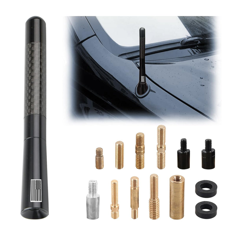 [AUSTRALIA] - BESULEN Car Short Antenna, 4.7 Inch Carbon Fiber American Flag Aluminum Auto Radio Antenna for AM/FM Reception, Universal Replacement Car Antenna with 9 Adapters, 2 Screws, 2 Rubber Rings Black 