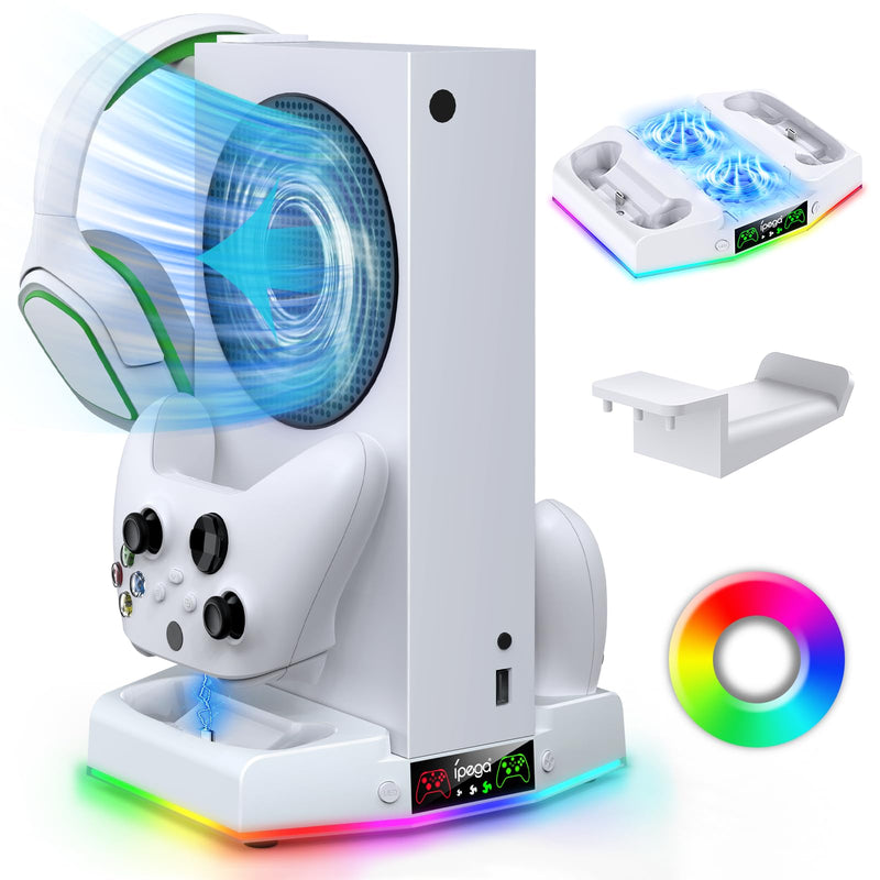 Upgraded Cooling Fan Stand for Xbox Series S with Charger Station, MENEEA Controller Charging Dock & Console Cooler System with 15 Colorful RGB Light & Headset Hook, Accessories for XSS White