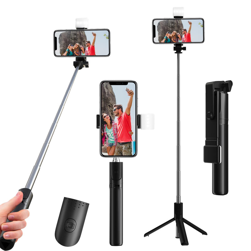 Selfie Stick, 40 in Retractable Phone Tripod with Wireless Remote Control & Light, Portable Selfie Stick Tripod for Photograph, Live Streaming, Video Recording, Compatible with All Cellphones Black