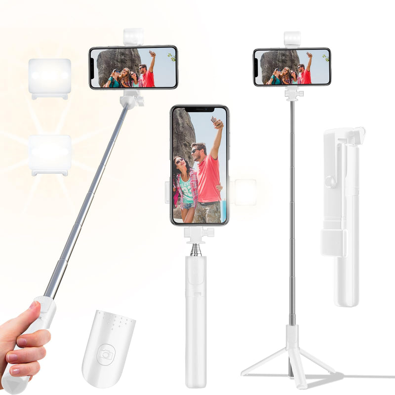 [AUSTRALIA] - Selfie Stick Tripod, 40 in Retractable Phone Tripod with Wireless Remote Control & Light, Portable Selfie Stick Tripod for Photograph, Live Streaming, Video Recording, Compatible with All Cellphones White 