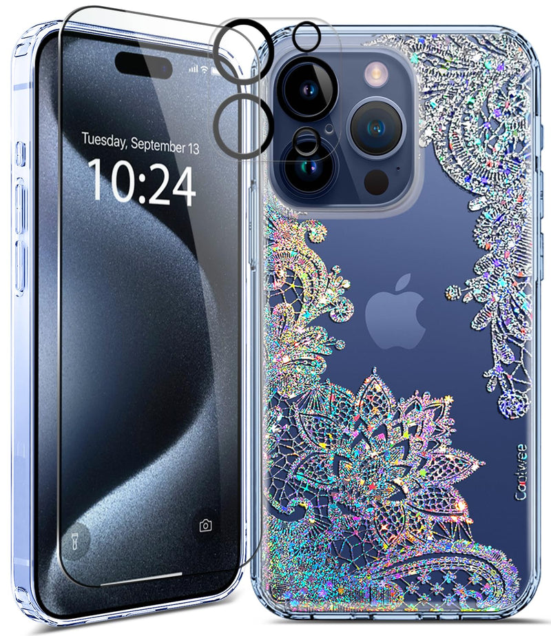 Coolwee Anti Yellowing Clear Glitter for Apple iPhone 15 Pro Max Case Floral, 6.7 inch, 6.6ft Military Grade Protective Cute Mandala Crystal Bling Lace Slim TPU with Camera & Screen Protector Clear Glitter Lace