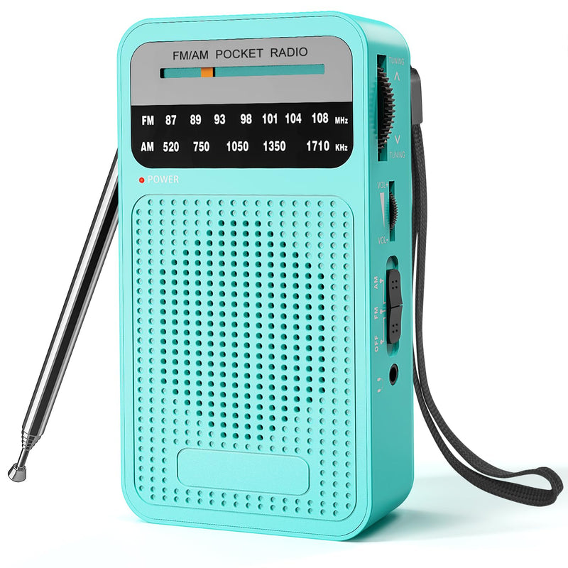Portable Radio AM FM, Goodes Transistor Radio with Loud Speaker, Headphone Jack, 2AA Battery Operated Radio for Long Range Reception, Pocket Radio for Indoor, Outdoor and Emergency Use-Green New-Cyan
