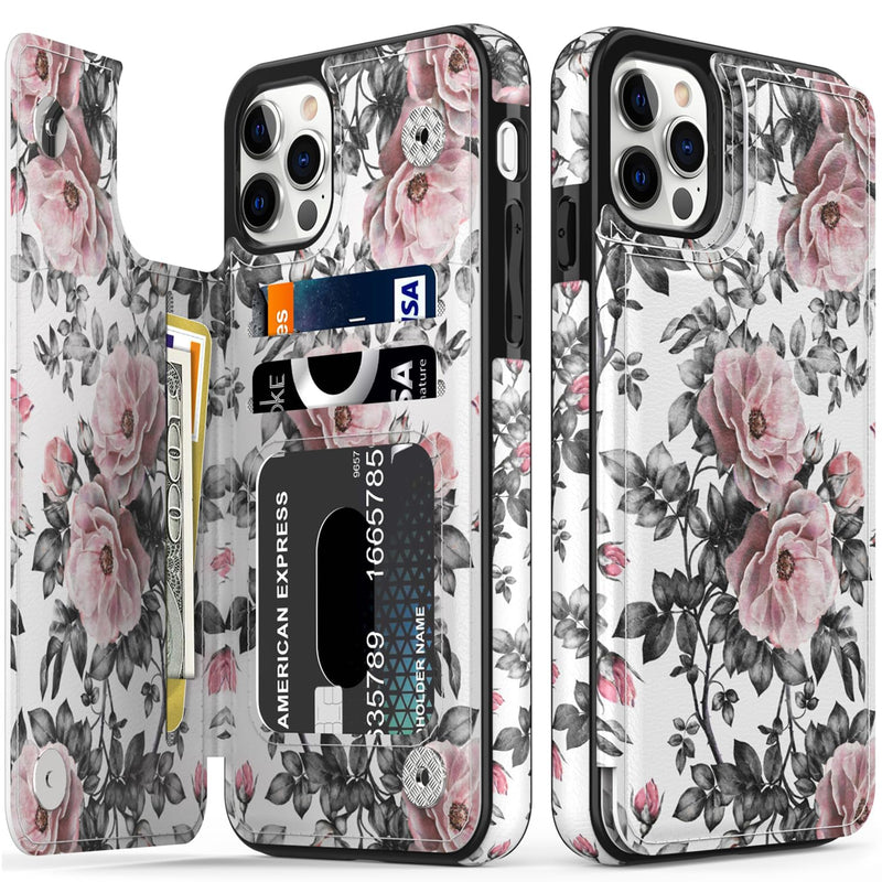 LETO for iPhone 15 Pro Case Flip Folio Leather Wallet - Fashionable Flower Designs - Card Slots,Kickstand - Protective Phone Case for Women and Girls - 6.1" - Elegant Pink Flowers iPhone 15 Pro 6.1"