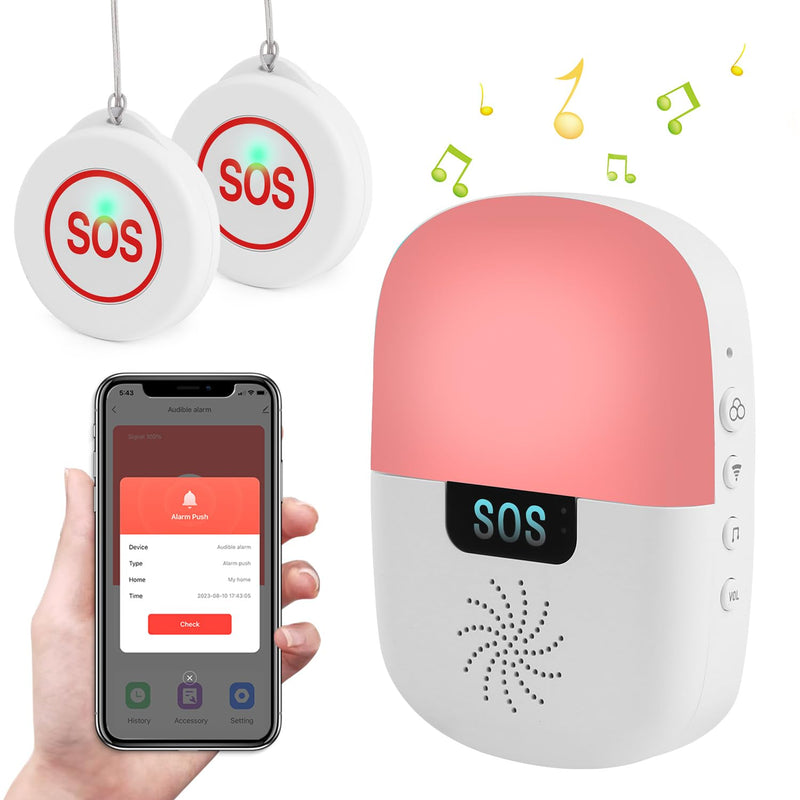 Caregiver Pager Wireless Call Button Smart WiFi Nurse Emergency Alert System 330 Feet Life Alert Button for Elderly/Patient/Disabled/Home(2.4GHz Wi-Fi Only) 1 receiver + 2 SOS button