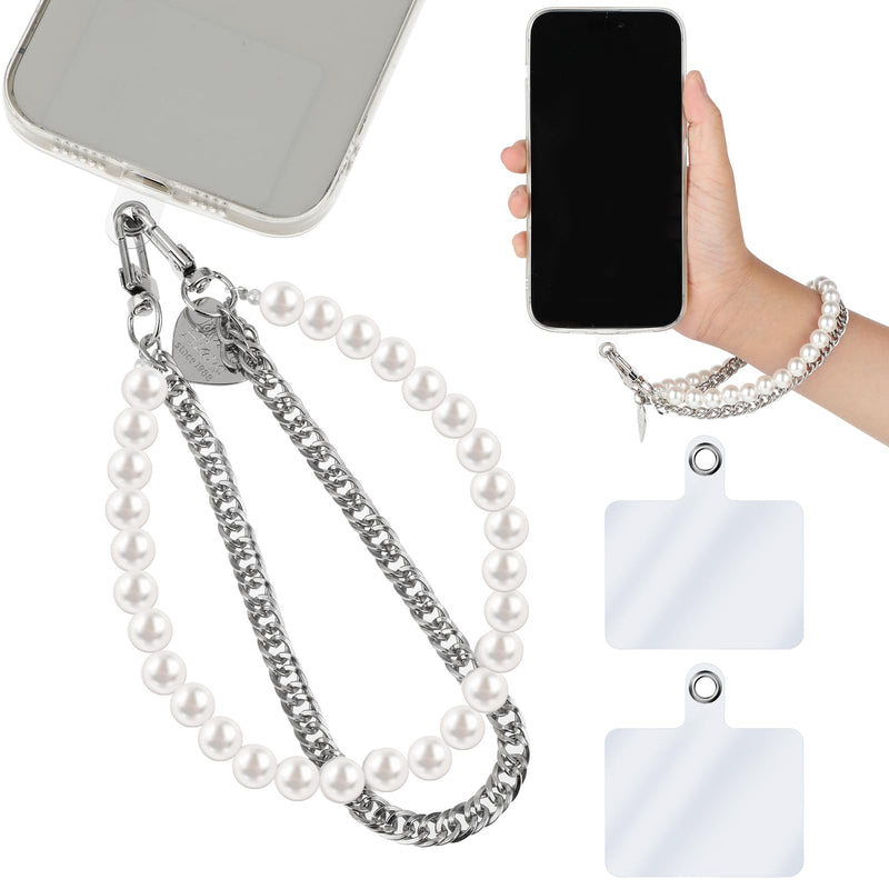 cobee Pearl Beaded Phone Wrist Strap, Anti Lost Stainless Steel Phone Chain Lanyards Double Chains Hand Wrist Straps with 2pcs Tether Tabs for Women Men Mobile Phone Wallet Keychain Camera Earphone