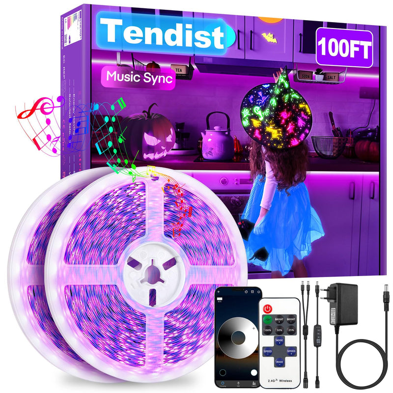 100FT Black Light LED Strip App Control With Remote, Smart Purple Neon Blacklight Adhesive for Glow Party, UV Light for Halloween Decor, Bedroom, Tapestry, Poster 100FT