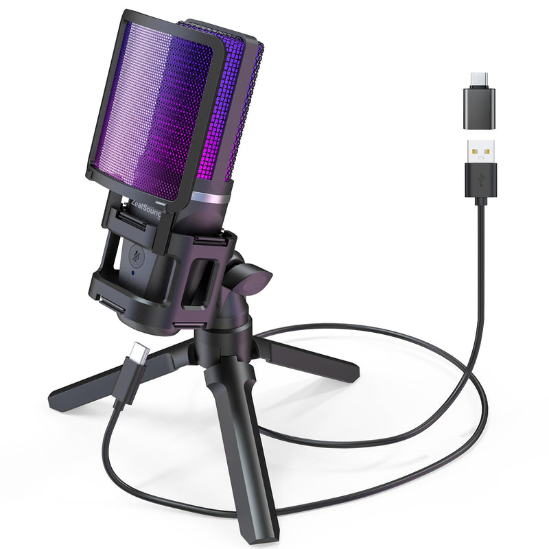 ZealSound Gaming USB Microphone for PC,RGB Condenser Computer Mic with Tripod Stand,Quick Mute,Gain Control for Gaming,Streaming,Podcasting,Recording,ASMR,Cardioid Mic Kit for Laptop/PS4/PS5/Phone RGB