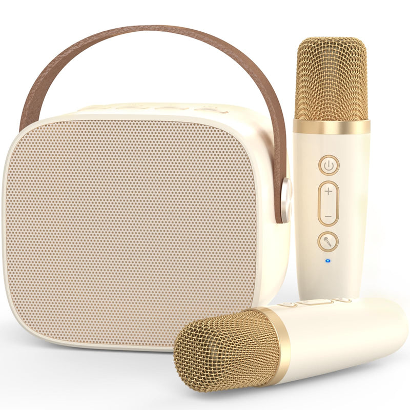 Mini Karaoke Machine Microphone,Fun Toys Christmas Birthday Gifts for Adult Kids/Toddler Boys Girls 3 4 5 6 7 8 9 10 11 12+,Portable Bluetooth Speaker with 2 Wireless Microphone Beige 2 Mics