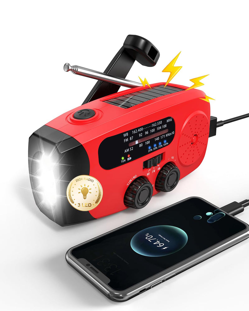 Emergency Hand Crank Radio Emgykit - 2000mAh/7400mWh AM/FM/NOAA Solar Hand Crank Emergency Radio with 3 LED Flashlights, SOS Function for Emergencies, Snowstorms
