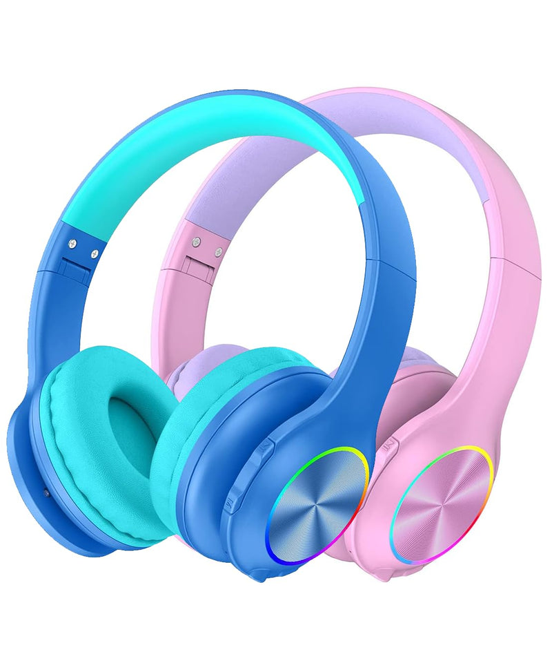 Candy Bila Kids Bluetooth 6.0 Headphones, LED Light, 85Hours Playtime | Type-C Fast Charging, 85/94dB Volume Limited, Comfort Wireless Headphones with Built-in Mic, Blue and Pink Blue, Pink