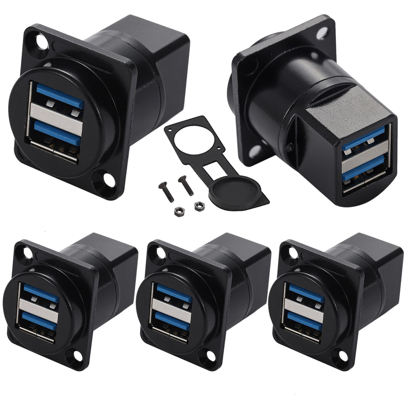 PENGLIN 5PCS Dual USB 3.0 Panel Mount Connector D-Type with Waterproof Cap | Dual USB 3.0 Female to Female Coupler,Up to 5Gbps High Speed Transmission,Space-Saving Dual Channel Layout 5PCS USB3.0