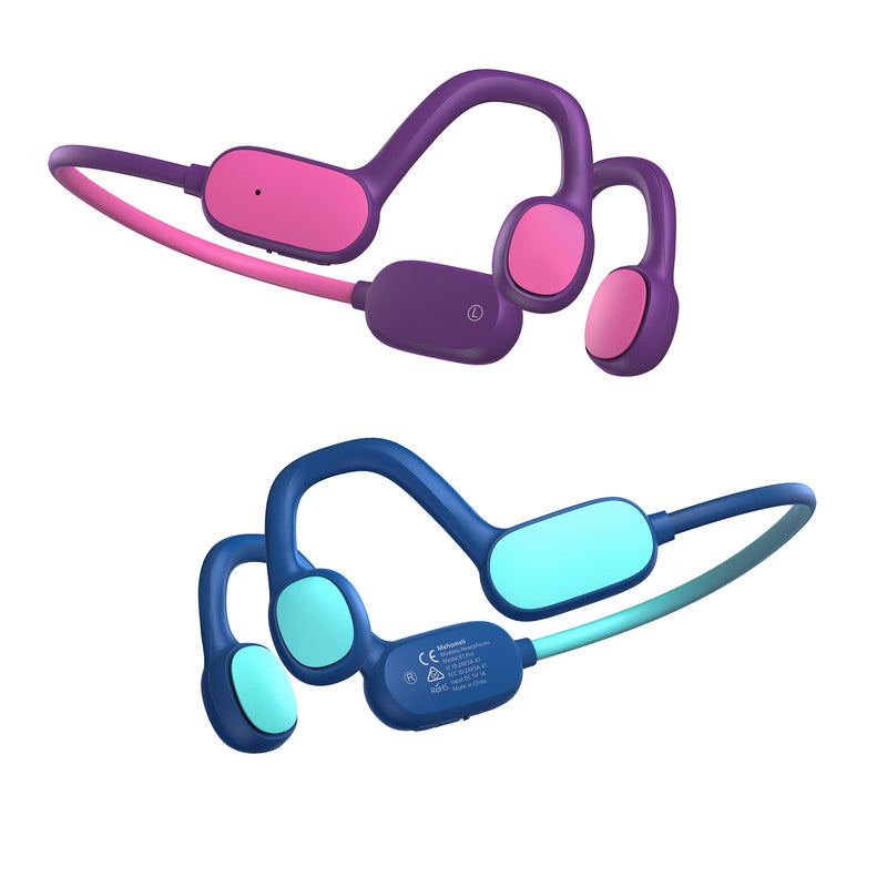 Mehomeli 2 Pack Kids Headphones, Bluetooth 5.2 Open Ear Headphones | 85dB Volume Limiting, Stereo Sound with Mic, IPX5 Waterproof, 20H Playtime-Blue Purple Blue Purple
