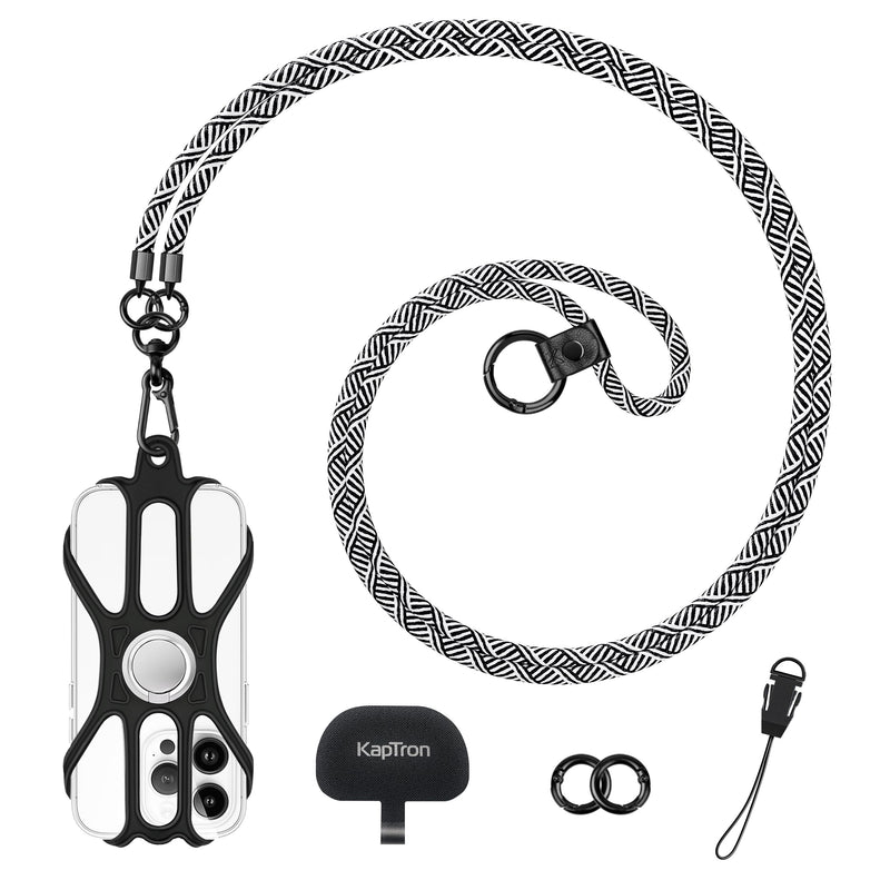 Kaptron Universal Cell Phone Lanyard: Adjustable Crossbody Cell Phone Strap with Silicone Phone Holder and Phone Tethers White Black 1 Pack