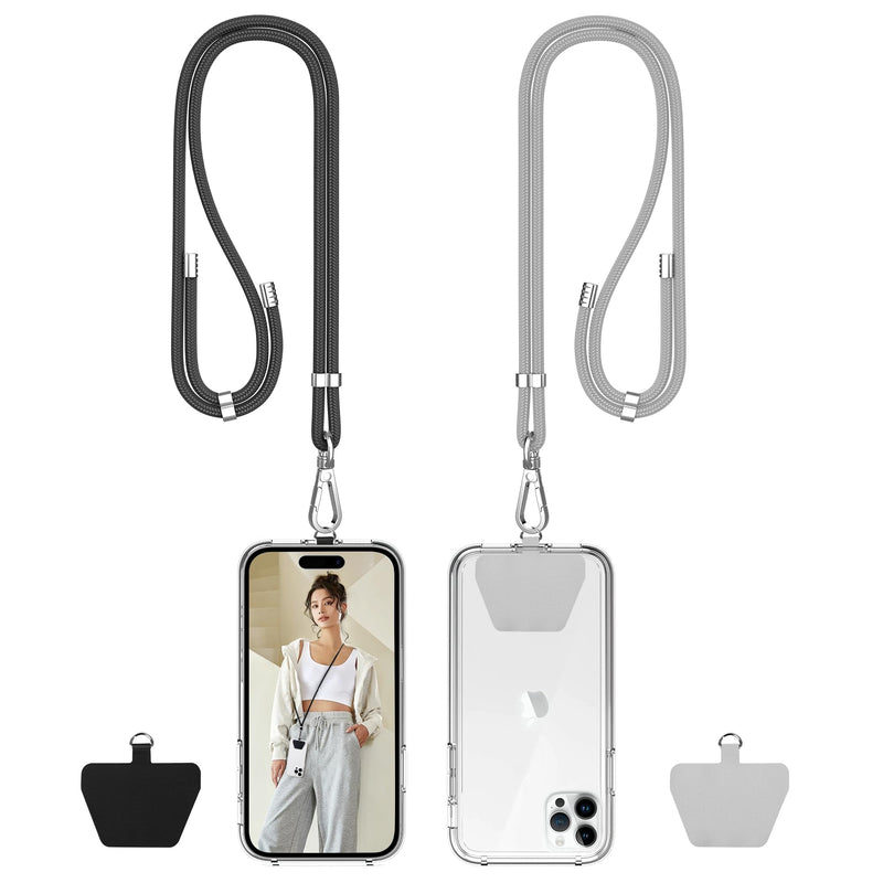 takyu Phone Lanyard, Soft Nylon Cell Phone Lanyard Crossbody Neck Adjustable Phone Strap with Tether Tabs Suitable for iPhone Android Smartphones - 2PCS Black Grey Black+Grey (2tab)