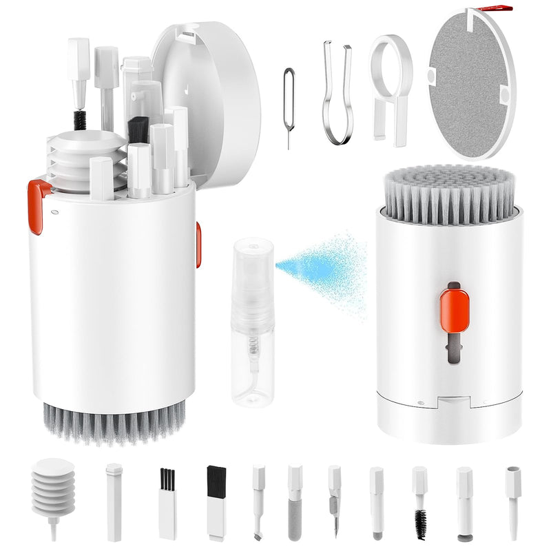 Tounee Keyboard Cleaner Kit, Electronics Cleaning Kit with Retractable Big Brush, Portable, 20 in 1 Multi-Tool Kit for Phones, Tablet, Computer, PC Monitor,TV Camera Lens with 2.5ml Mist Spray (White) White