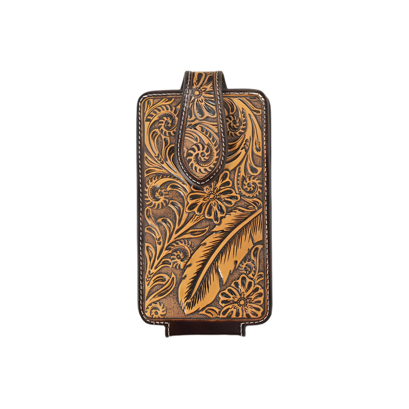ARIAT Floral & Feather Leather Cell Phone Case, Belt Clip, Brown, Large | Leather construction, belt-clip carry, protective phone storage, western tooled detailing