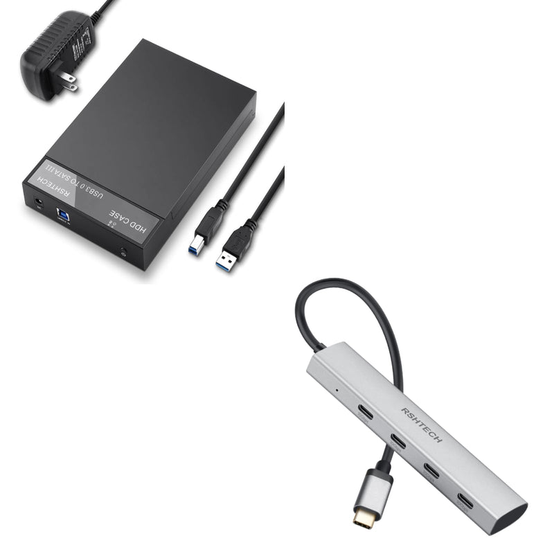RSHTECH 3.5inch USB 3.0 to SATA External Hard Drive Enclosure+ RSHTECH 4-Port USB C to USB-C 3.2 Gen 2 Hub 10Gbps USB Dongle