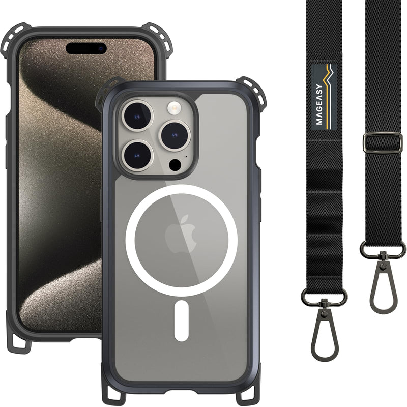 MAGEASY Case with Strap for iPhone 15 Pro - Ultimate 22ft Drop Protection, 6.1" Crossbody Case with Lanyard, Compatible with MagSafe - Odyssey Ultra M | Embedded Metal Frame for iPhone 15 Pro 6.1" Metal Black (Odyssey Ultra M)