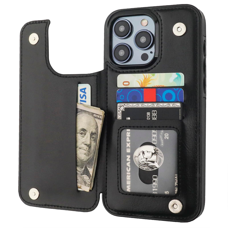 Compatible with iPhone 15 Pro Max Wallet Case with Card Holder, PU Leather Kickstand Card Slots Case, Double Magnetic Clasp and Durable Shockproof Cover 6.7 Inch (Black) Black