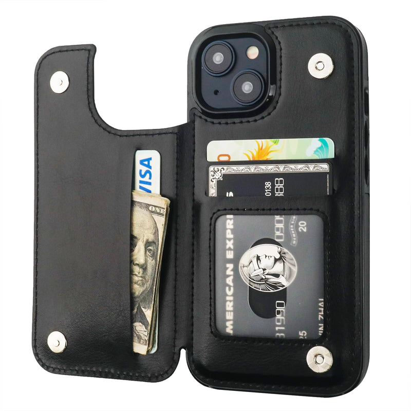 Compatible with iPhone 15 Wallet Case with Card Holder, PU Leather Kickstand Card Slots Case, Double Magnetic Clasp and Durable Shockproof Cover 6.1 Inch (Black) Black