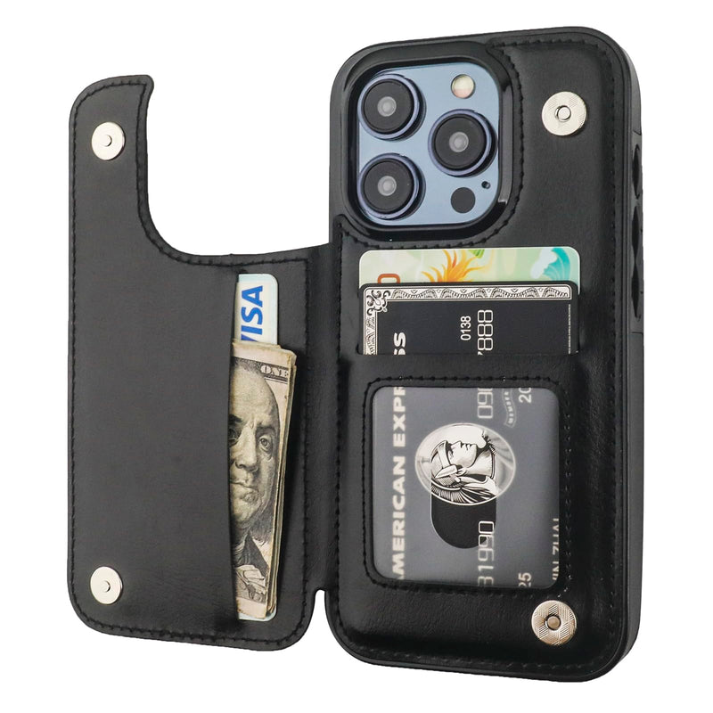Compatible with iPhone 15 Pro Wallet Case with Card Holder, PU Leather Kickstand Card Slots Case, Double Magnetic Clasp and Durable Shockproof Cover 6.1 Inch (Black) Black