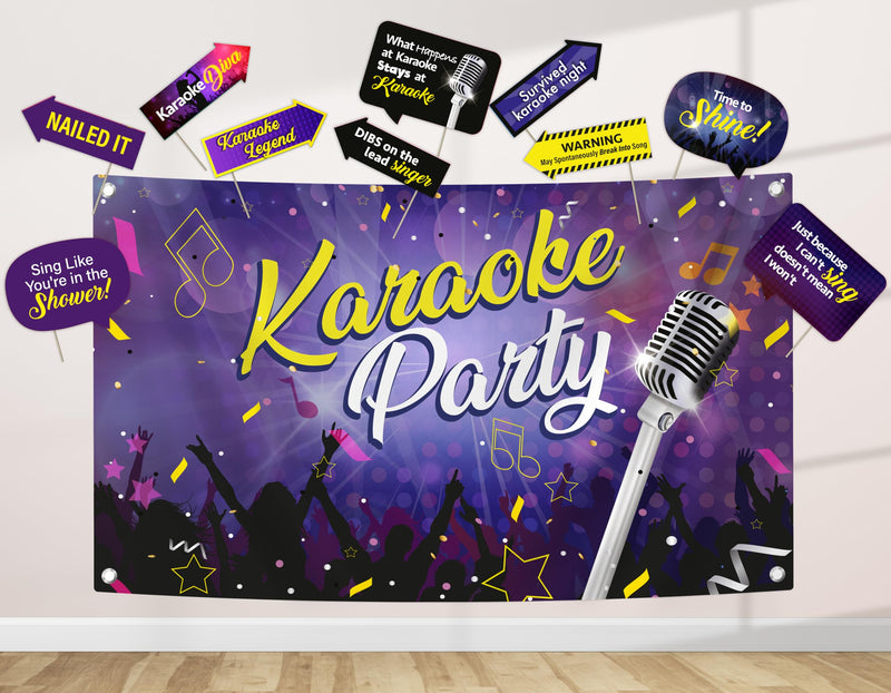 Karaoke Party Decoration Kit - Includes Photography Backdrop & 10 Studio Selfie Photo Booth Props with Sticks - Music Disco Theme Studio Background Banner Birthday Supplies Karaoke