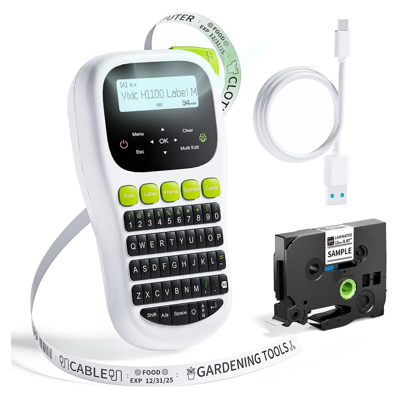 [AUSTRALIA] - Label Maker Machine with-Tape, H1100 Handheld Label Maker Portable Labeler with Backlight Screen Keyboard for Home School Office Organization, Multiple Fonts Symbols Borders Easy to Use Inkless Label Maker with 1 Tape Green 