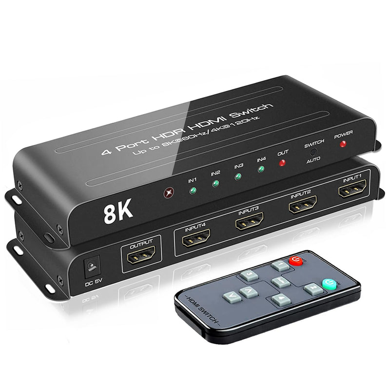 ROOFULL 4 Ports 8K HDMI 2.1 Switch 4 in 1 Out 8K@60Hz 4K@120Hz HDMI Switcher Selector with Remote Support Auto-Switching 48Gbps HDR 10+ Dolby Vision/Atmos HDCP 2.3 CEC Z-Black (8K)