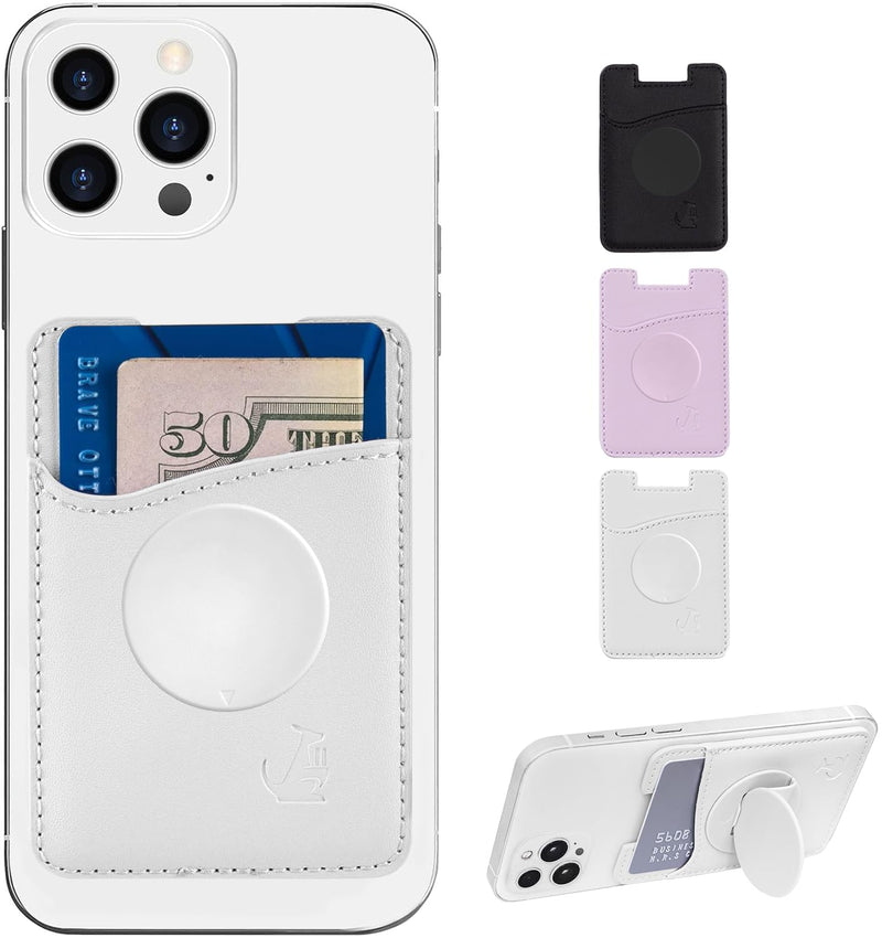 Wallaroo Wallets Premium Leather Phone Card Holder with Stand - Non-Slip Interior Strong Adhesive Grip - Phone Wallet Stick - Slim, Lightweight & Durable - Compatible with Most Phones White