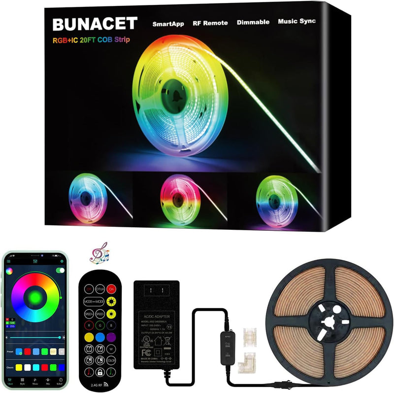 20FT LED Strip Lights COB Smart IC, 24V RGB LED Lights for Bedroom with RF Remote Smart App Button Controller Music Sync Color Changing Strip Lights for Game Room Kitchen Cabinet Lighting 20FT