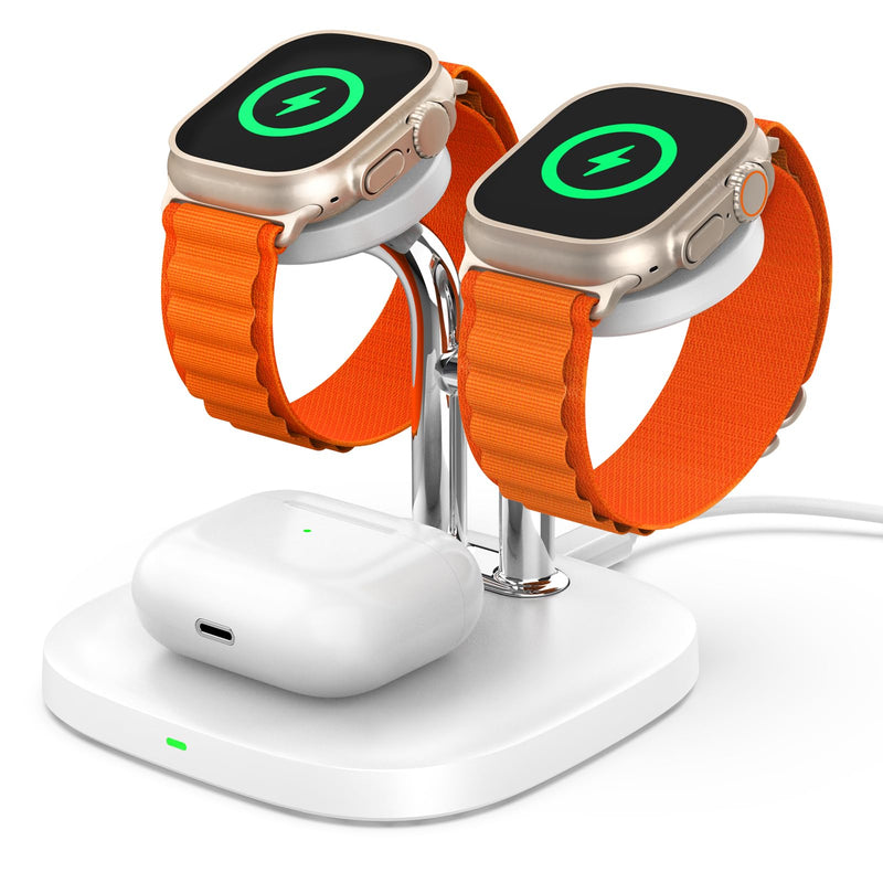 Dual Watch Charger Stand for Apple Watch, 3 in 1 Wireless Charging Station Stand Compatible with Apple Watch Ultra 2/9/8/7/6/5/3/2/SE, Wireless Charger Dock for Airpods Pro 2/3/2 (White) White