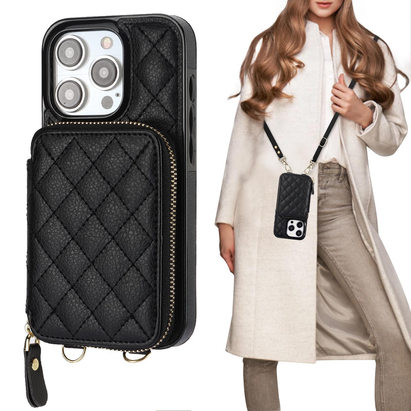 [AUSTRALIA] - Bocasal Crossbody Wallet Case for iPhone 15 Pro, RFID Blocking PU Leather Zipper Handbag Purse Flip Cover, Kickstand Folio Case with Card Slots Holder Wrist Strap Lanyard 5G 6.1 Inch (Black) Black 
