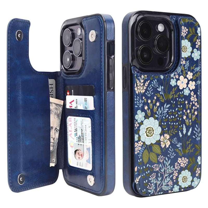 uCOLOR Compatible with iPhone 15 Pro 6.1" Wallet Case with Card Holder Slot Folio Flip PU Leather Kickstand Double Magnetic Clasp and RFID Blocking Design Cover 6.1 Inch (Navy Blue Flowers) Navy Blue Flowers iPhone 15 Pro 6.1"