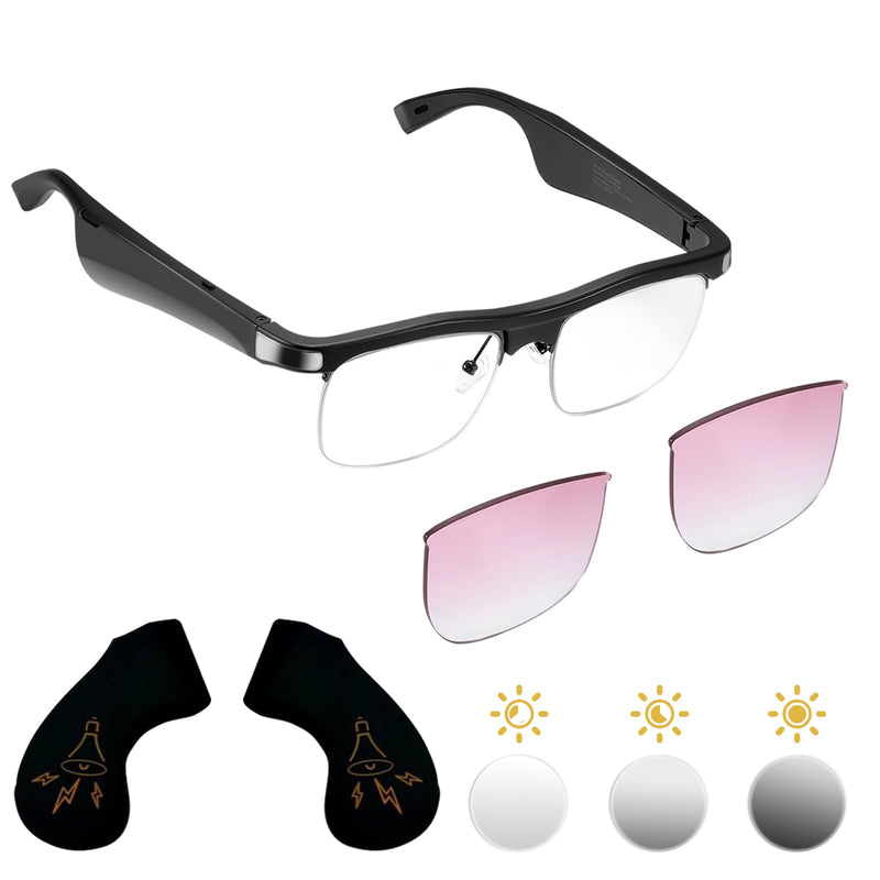 Smart Bluetooth Audio Glasses | 2in1 Photochromic Sunglasses & Blue Light Filtering Lenses | HiFi Earmuff | Gradient Pink Sunglasses Lenses for Men Women [Optional Replacement Lens]